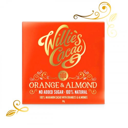 Willie's Cacao čokoláda 100% bez pridaného cukru s pomarančom a mandľami,50g
